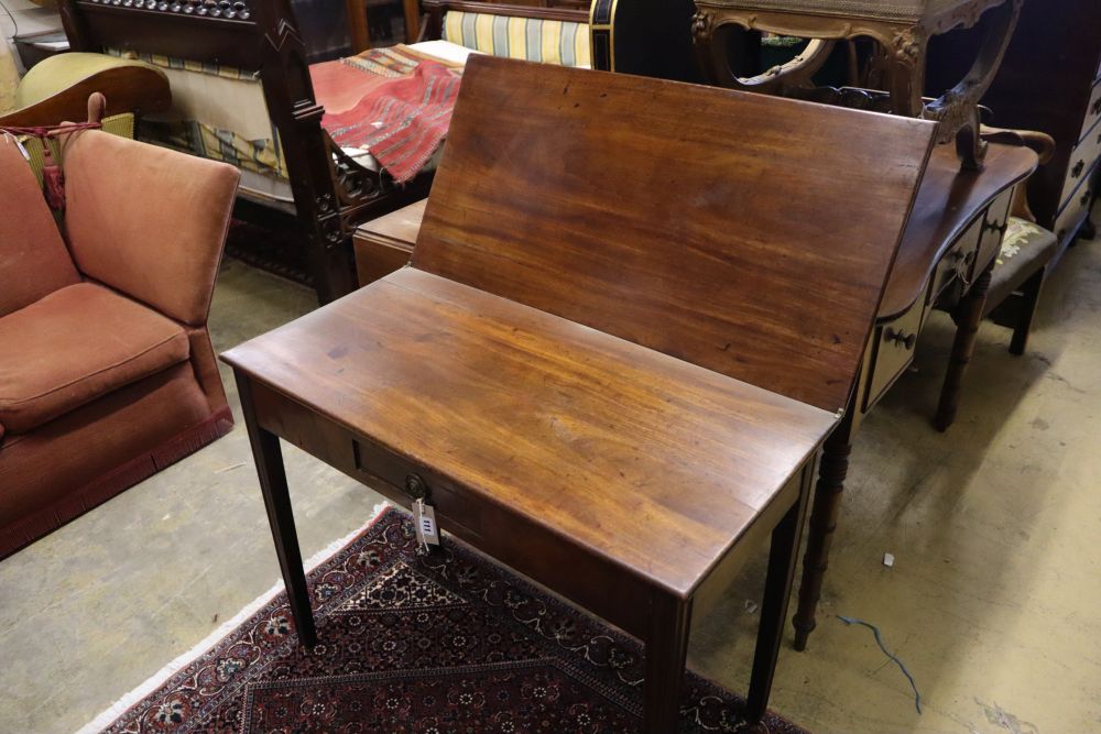 A George III rectangular mahogany folding tea table, width 91cm, depth 44cm, height 72cm